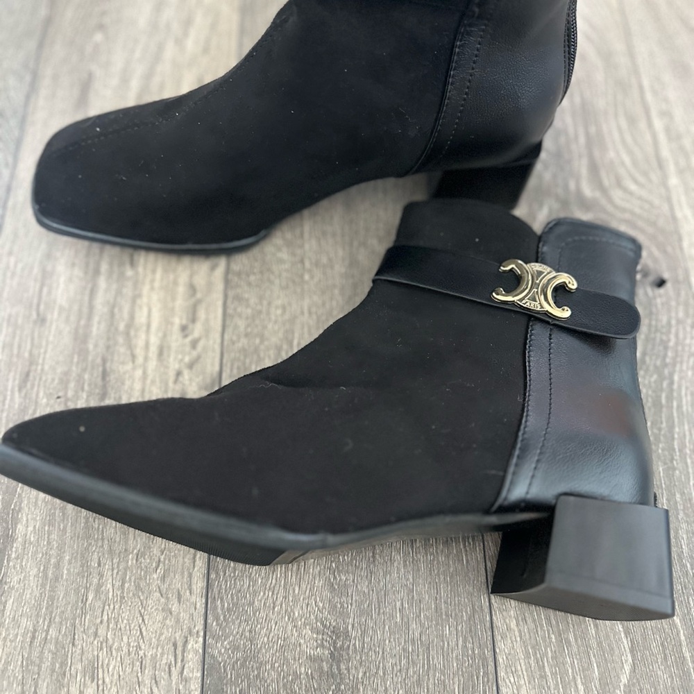 Black Ankle Boots with Gold Accent
